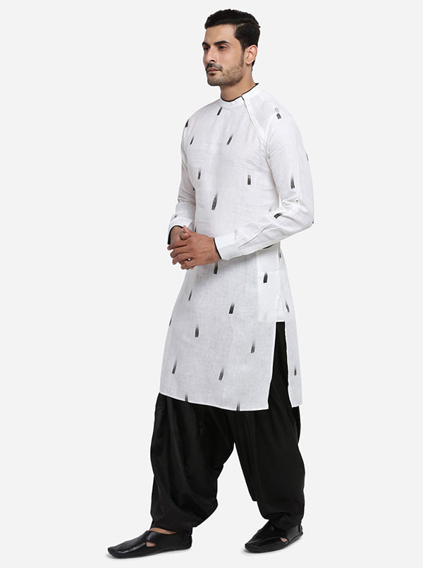 Printed white kurta set for men, offering all-day comfort and style for ethnic wear.