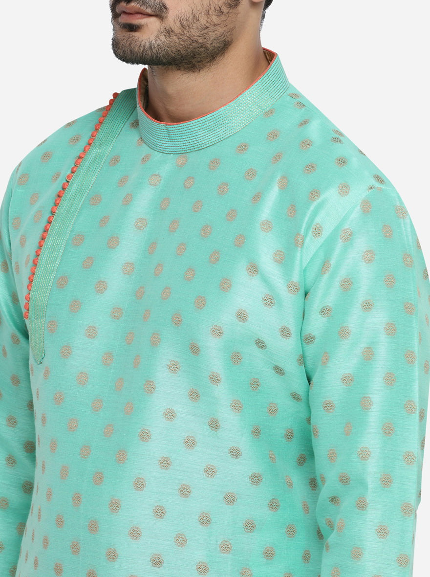 Celebrate in style with this chic aqua green kurta, an essential for any fashion-forward men's collection.