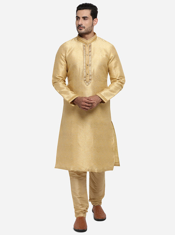 Stylish self-design golden kurta set, making a bold statement in the USA ethnic fashion.