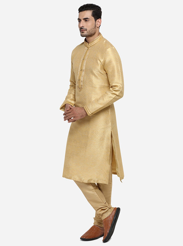 Self-design golden kurta set with grey collar patti for men, crafted for comfort and elegance.