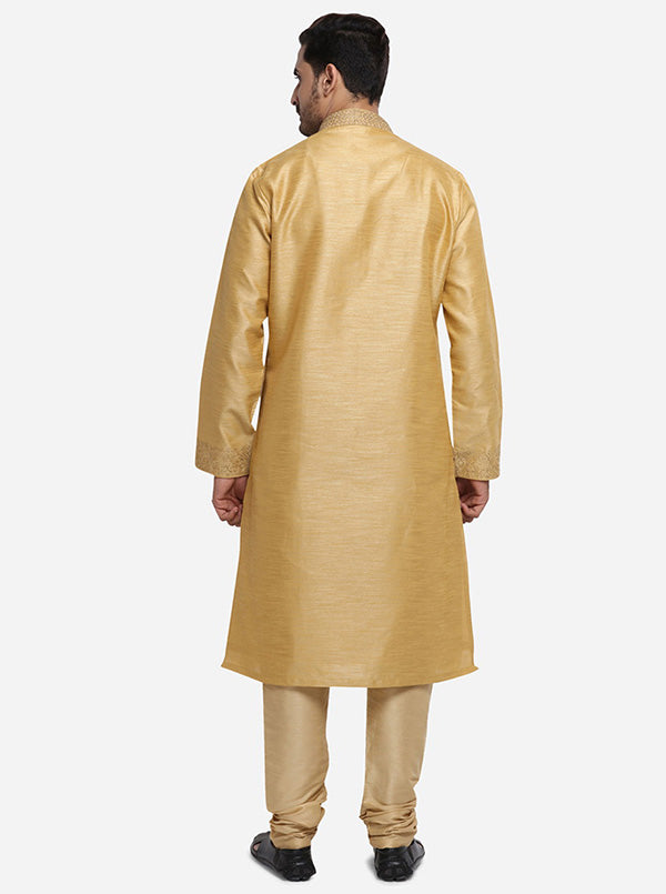 Elevate your ethnic wardrobe with this fashionable self-design dark golden kurta set for men.