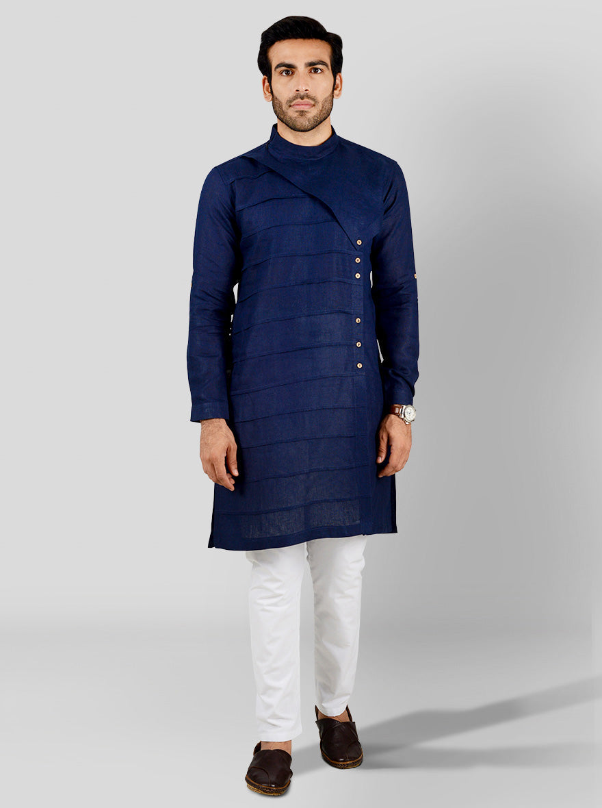 Elegant navy-blue kurta by Azania, designed with an asymmetric collar and pleated stitching, perfect for ethnic wear.