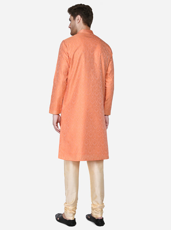 Comfortable self-design kurta set in coral orange, ideal for enhancing your ethnic wardrobe.