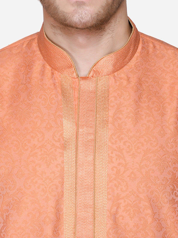 Trendy self-design coral orange kurta set, designed for various occasions in the USA.