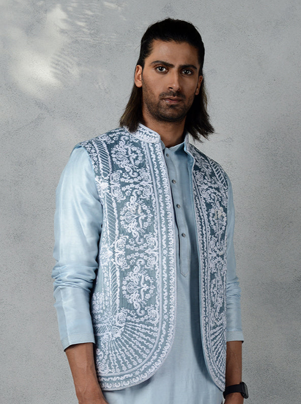 Sky Blue Velvet Koti | Stylish Jacket for Men’s Formal Look