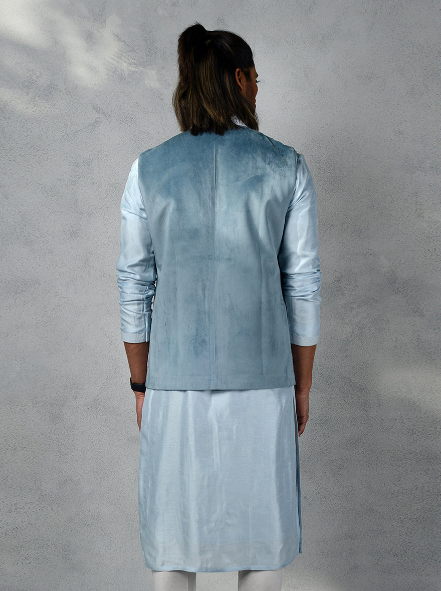 Luxurious blue Bandhgala jacket made from velvet, perfect for cultural celebrations and formal events.