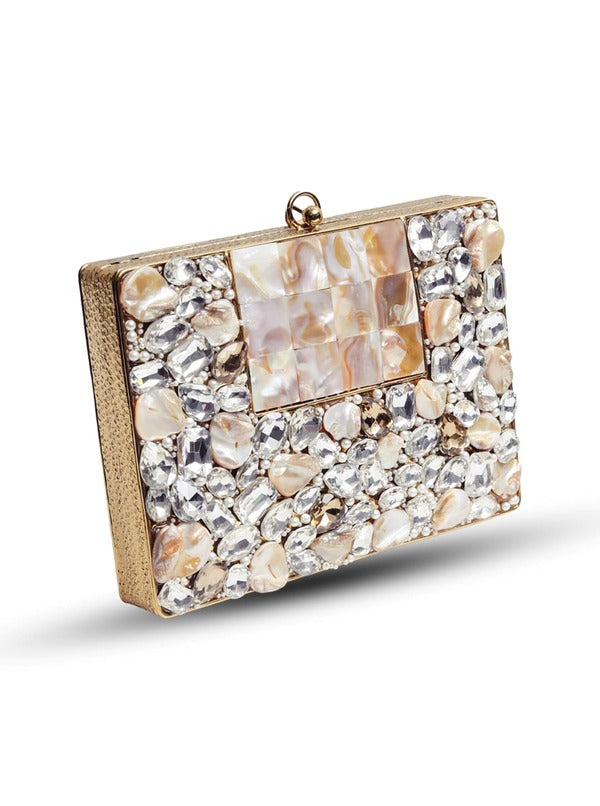 Saba Embellished Brass Clutch | Elegant Mother of Pearl and Stone Handbag