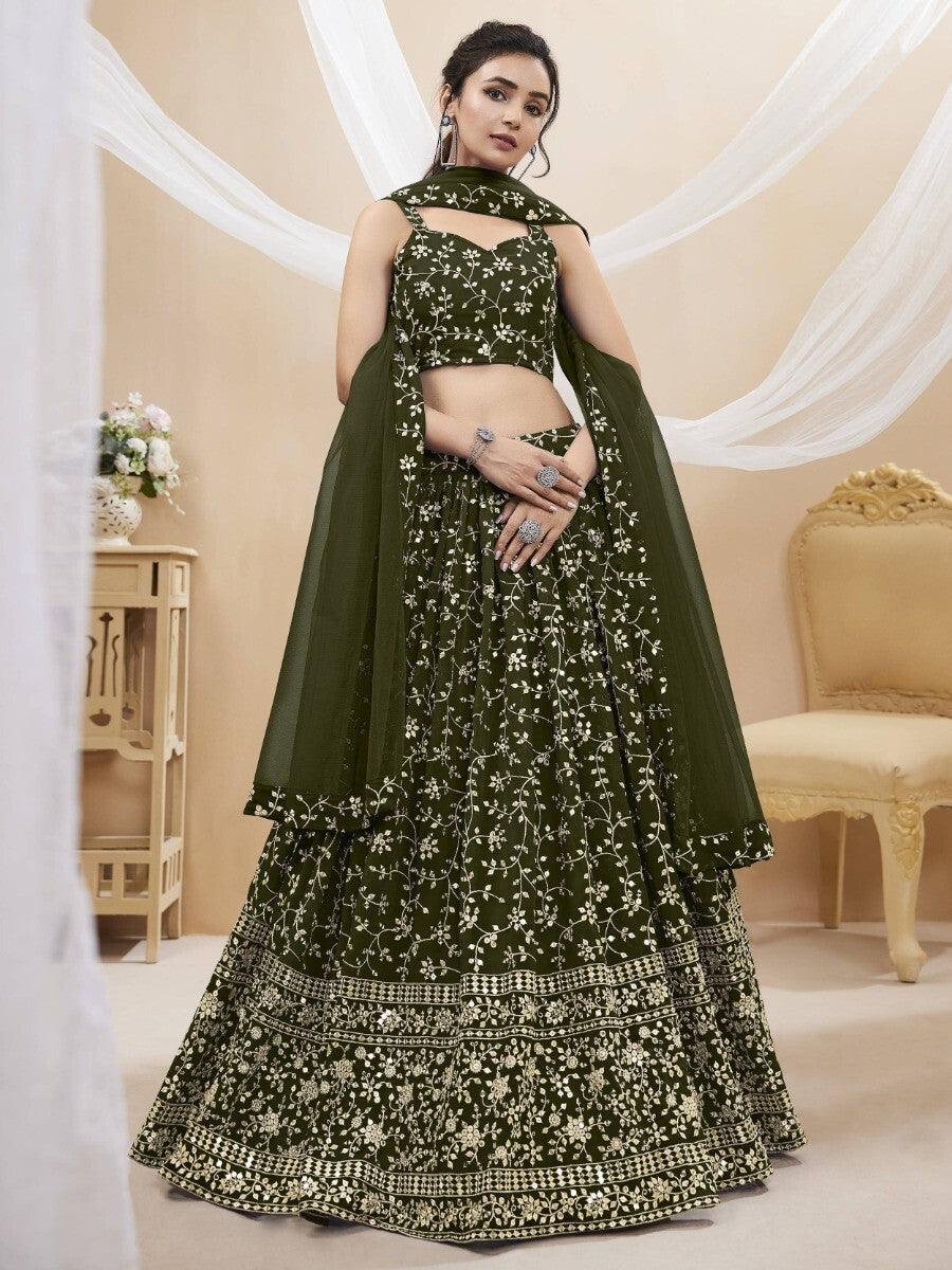 Exquisite Green Sequins Georgette Lehenga | Mehendi Ceremony Wear