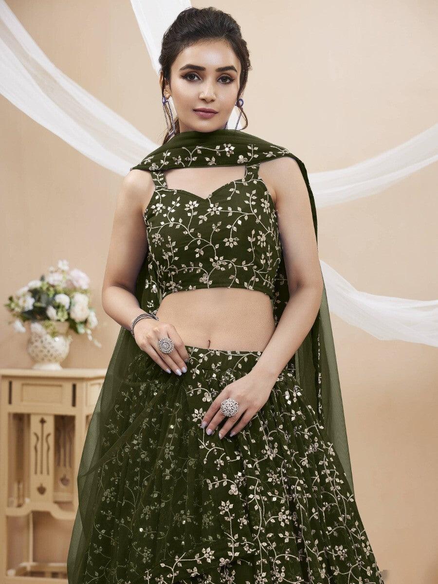 Exquisite Green Sequins Georgette Lehenga | Mehendi Ceremony Wear