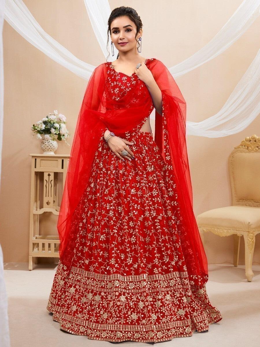 Red Embroidered Lehenga Choli | Reception Wear with Zari & Sequin Work