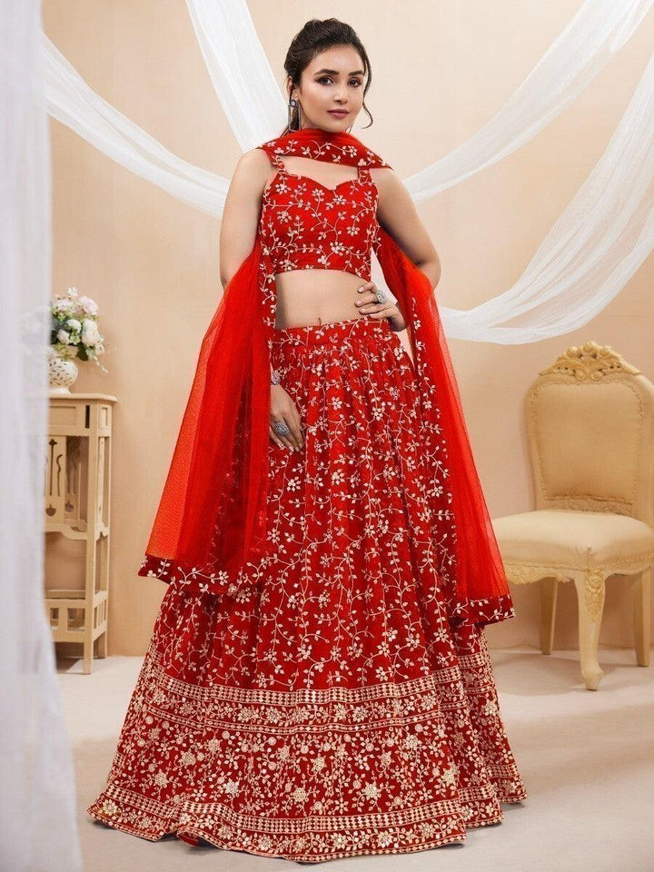 Red Embroidered Lehenga Choli | Reception Wear with Zari & Sequin Work