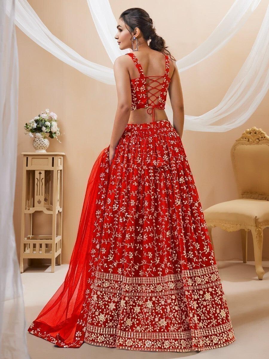 Red Embroidered Lehenga Choli | Reception Wear with Zari & Sequin Work