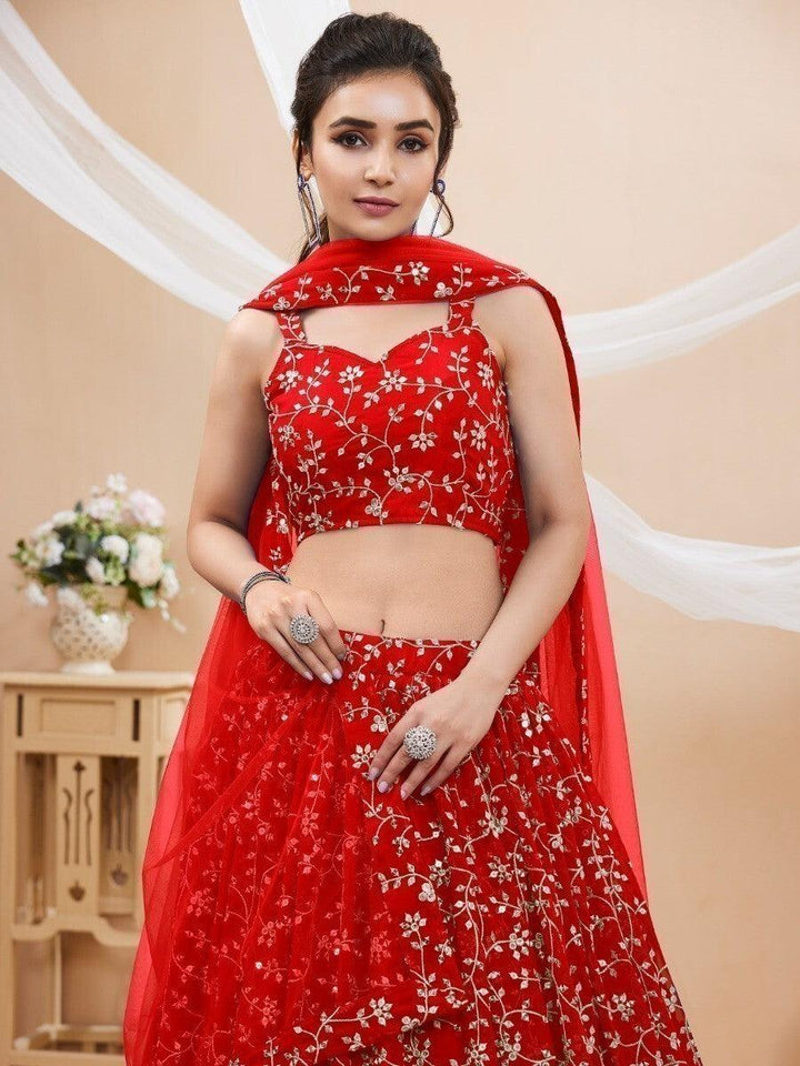 Red Embroidered Lehenga Choli | Reception Wear with Zari & Sequin Work