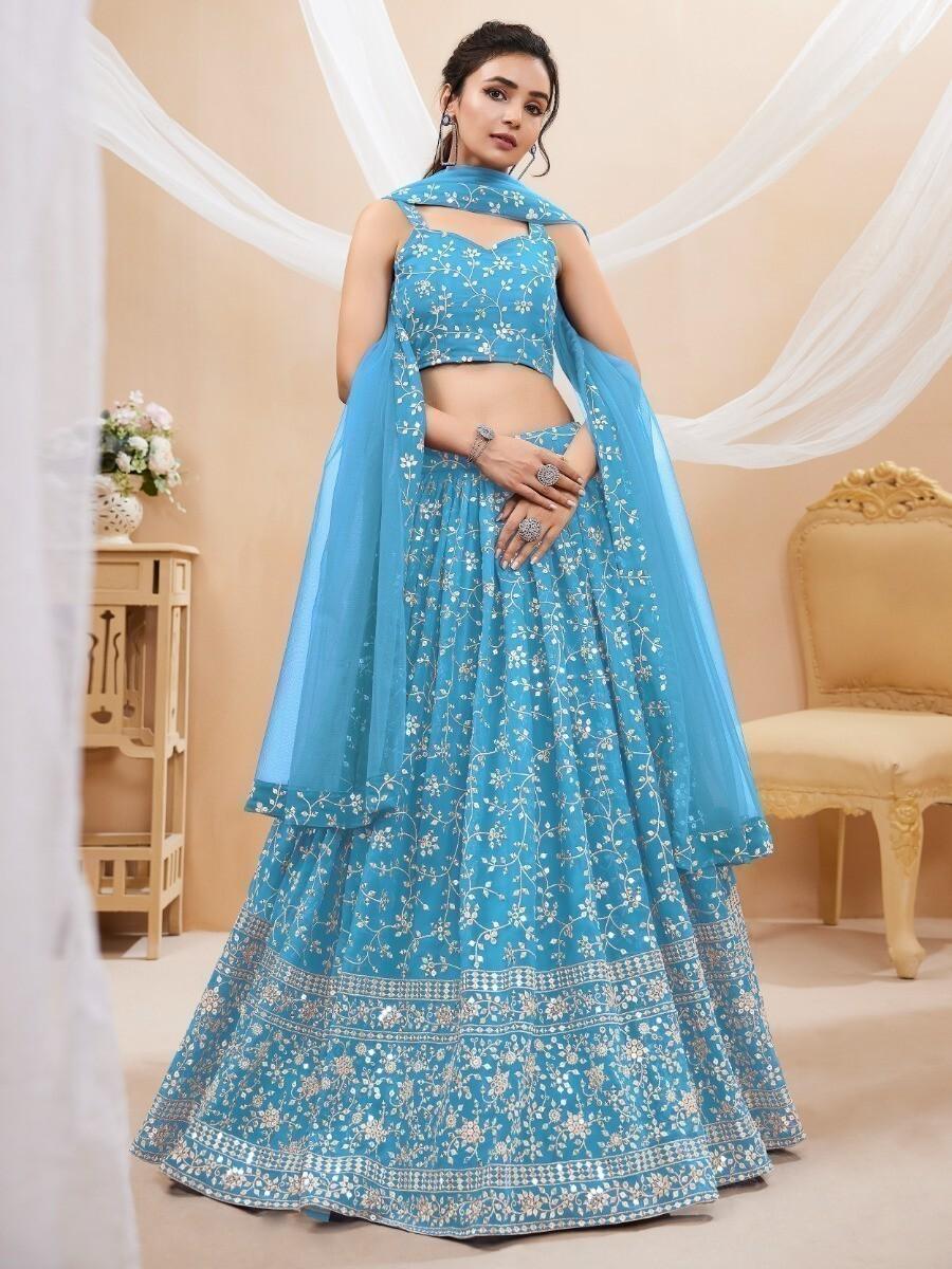 Perfect Sky-Blue Lehenga Choli | Sangeet Wear with Embroidery, Sequins & Zari