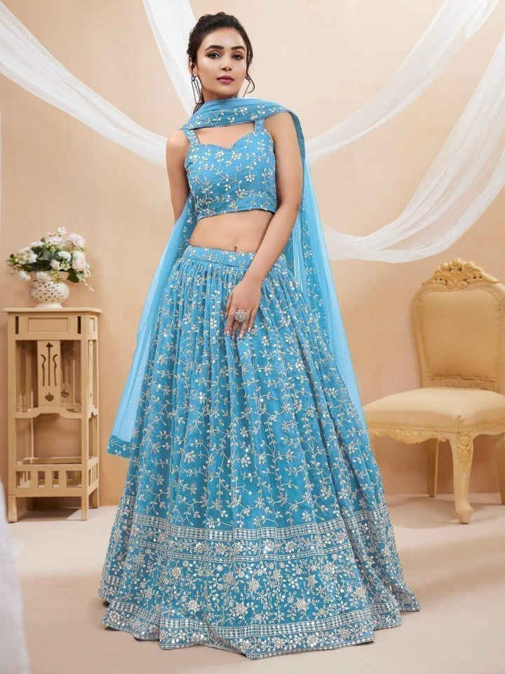 Perfect Sky-Blue Lehenga Choli | Sangeet Wear with Embroidery, Sequins & Zari