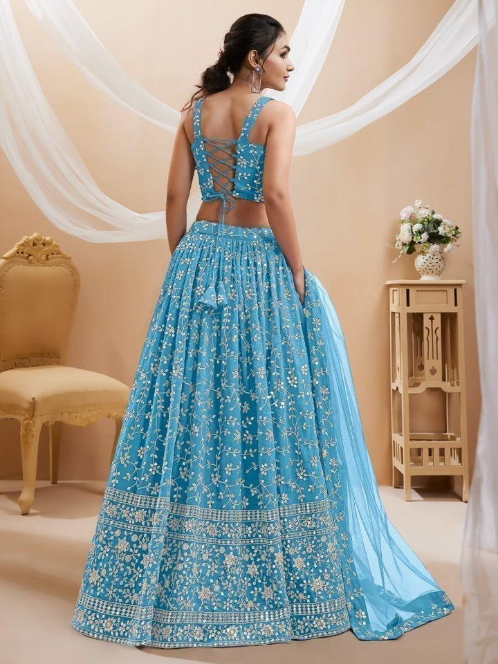 Perfect Sky-Blue Lehenga Choli | Sangeet Wear with Embroidery, Sequins & Zari