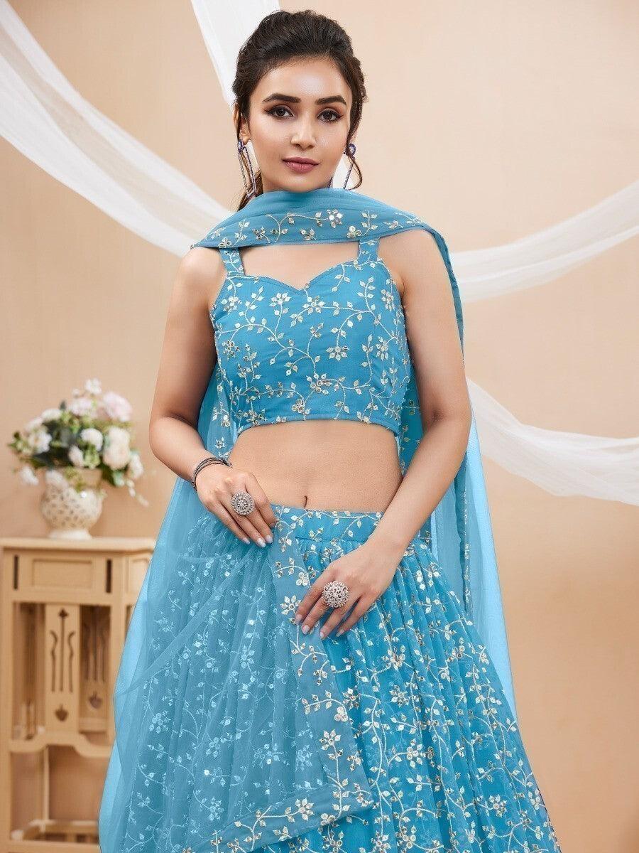 Perfect Sky-Blue Lehenga Choli | Sangeet Wear with Embroidery, Sequins & Zari