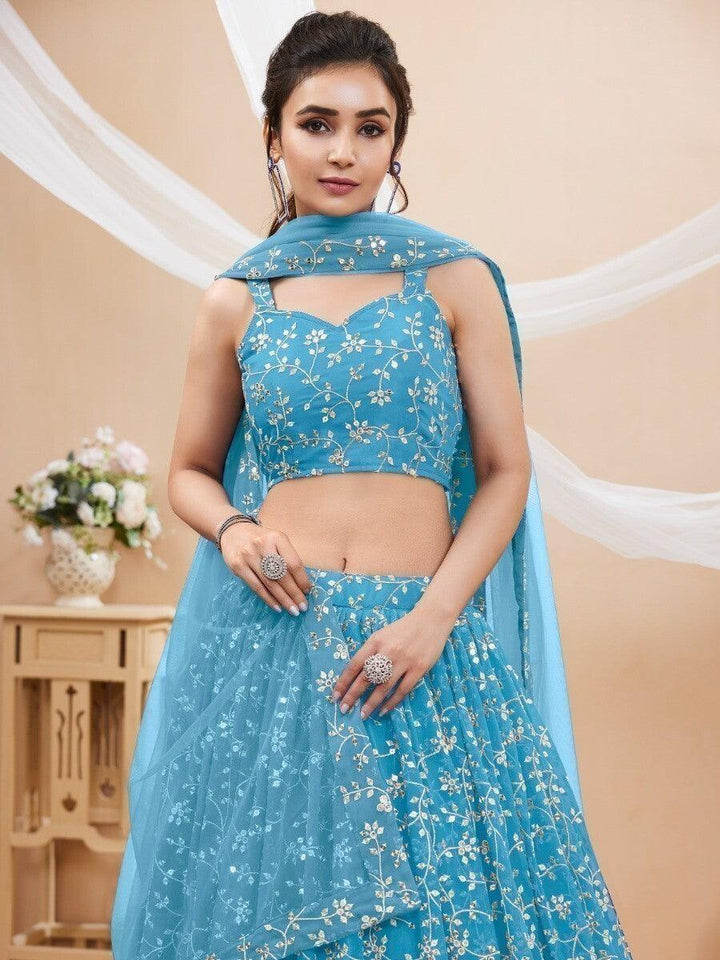 Perfect Sky-Blue Lehenga Choli | Sangeet Wear with Embroidery, Sequins & Zari