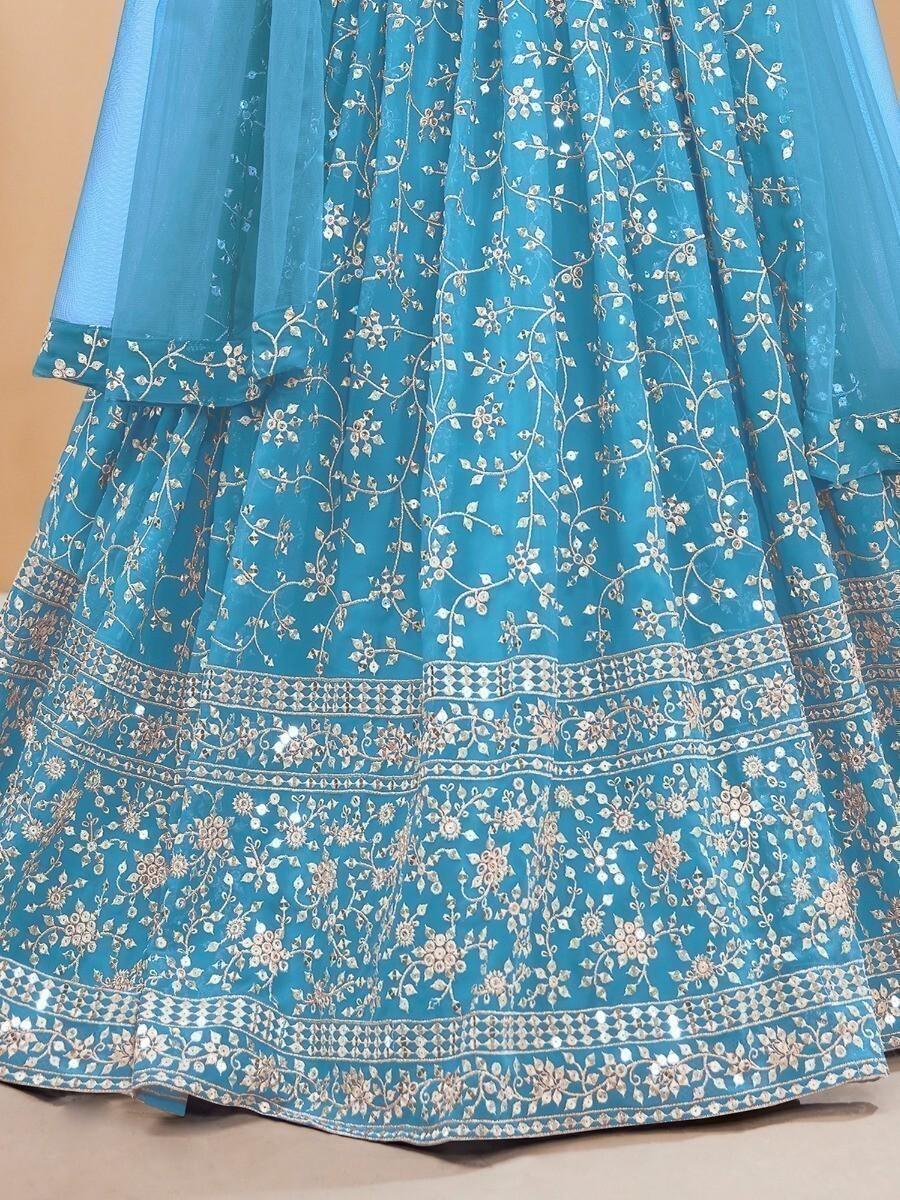 Perfect Sky-Blue Lehenga Choli | Sangeet Wear with Embroidery, Sequins & Zari