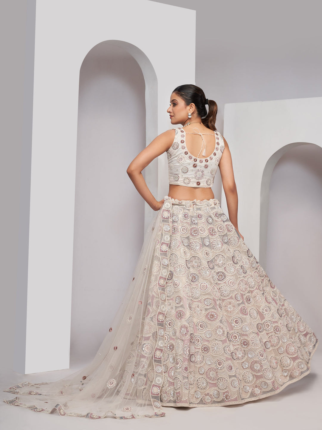 Ivory Thread & Sequin Work Lehenga | Net Choli & Dupatta Set