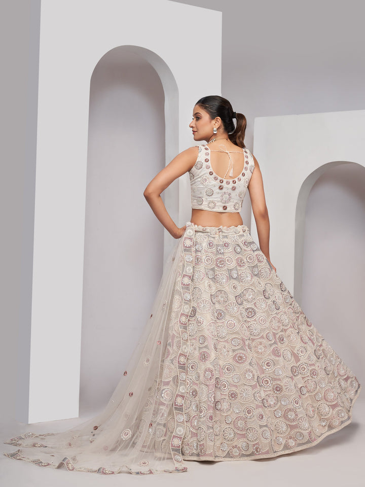 Ivory Thread & Sequin Work Lehenga | Net Choli & Dupatta Set