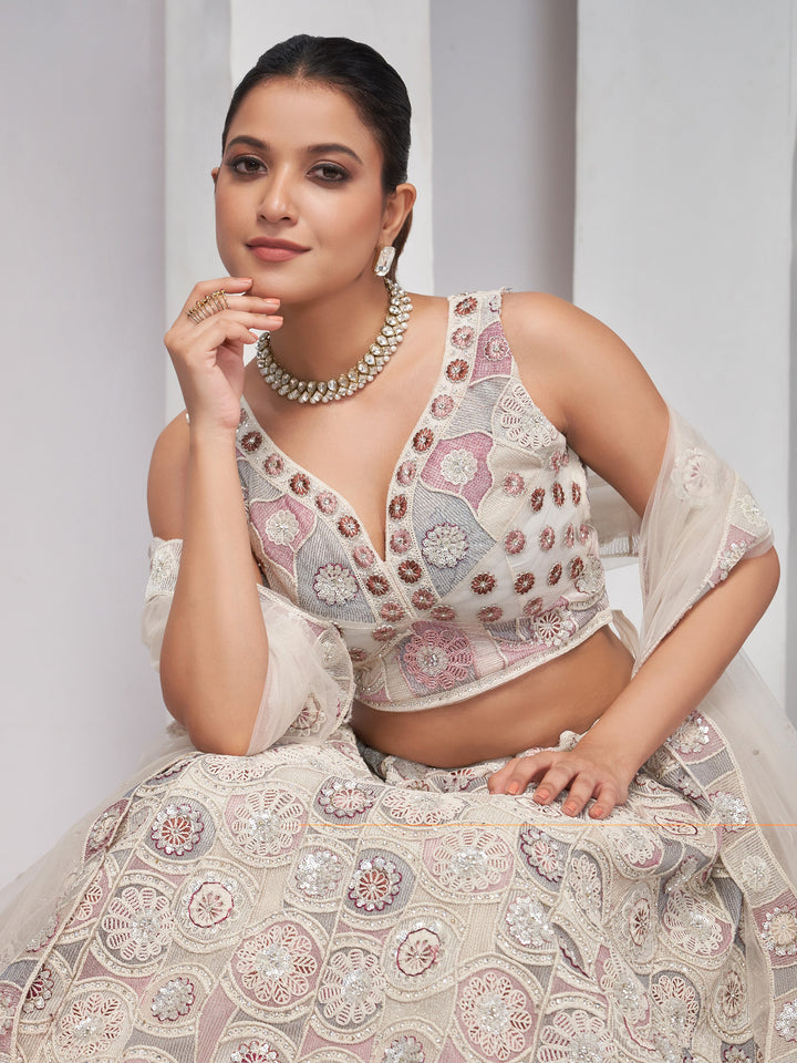 Ivory Thread & Sequin Work Lehenga | Net Choli & Dupatta Set