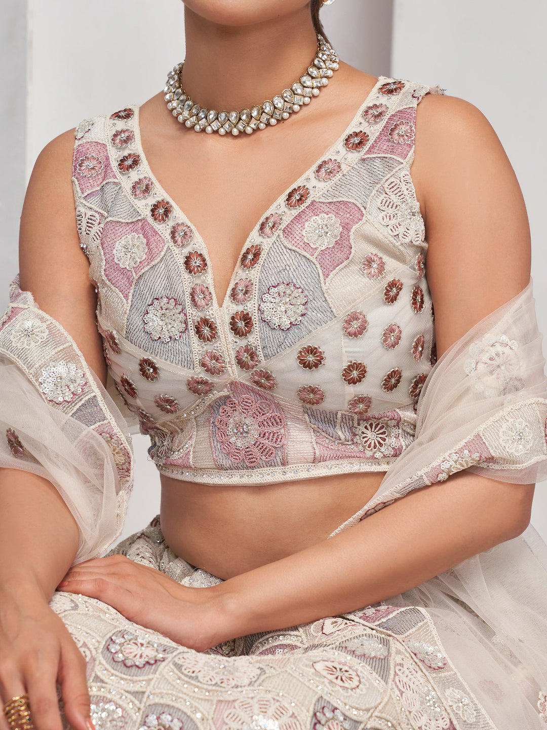 Ivory Thread & Sequin Work Lehenga | Net Choli & Dupatta Set