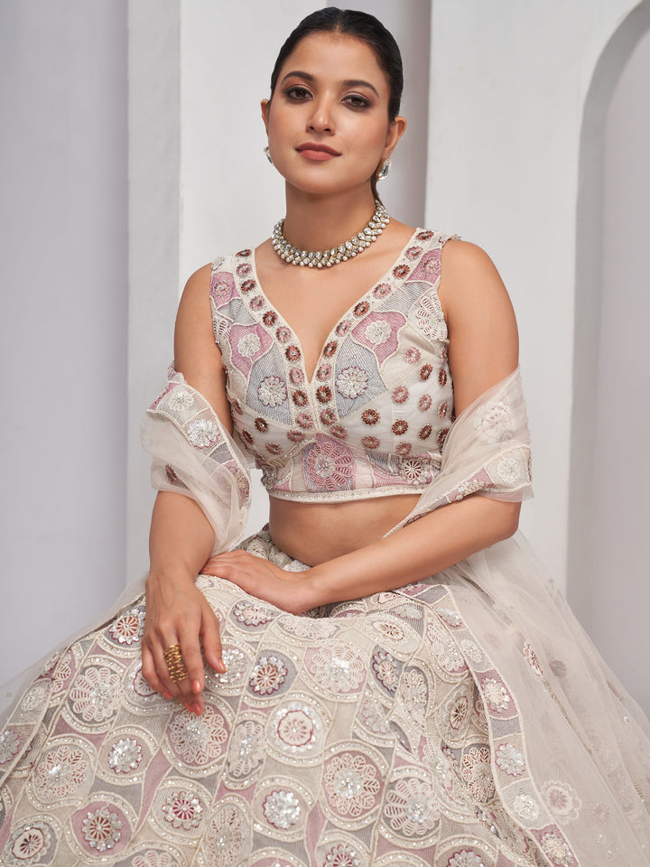 Ivory Thread & Sequin Work Lehenga | Net Choli & Dupatta Set