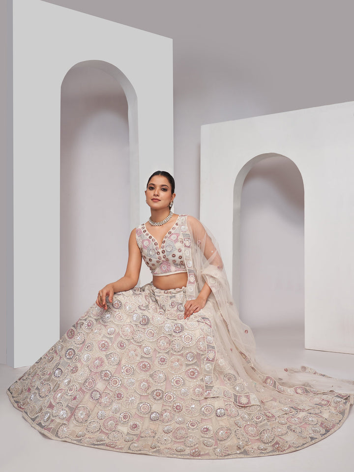 Ivory Thread & Sequin Work Lehenga | Net Choli & Dupatta Set