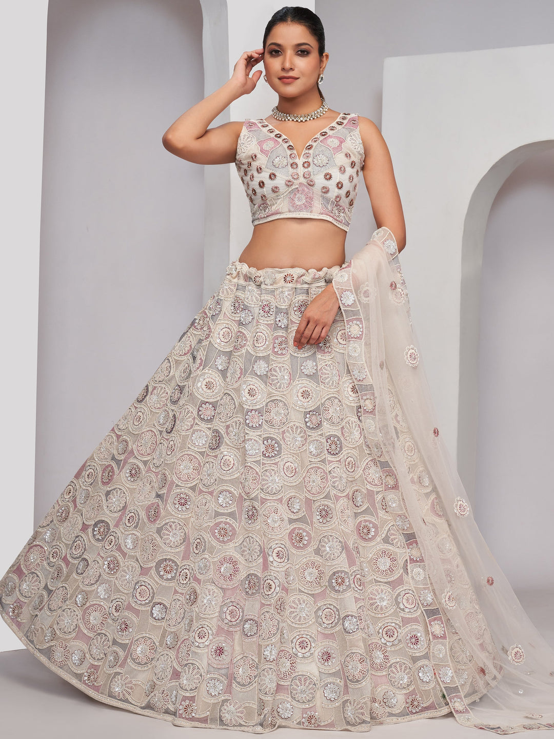 Ivory Thread & Sequin Work Lehenga | Net Choli & Dupatta Set