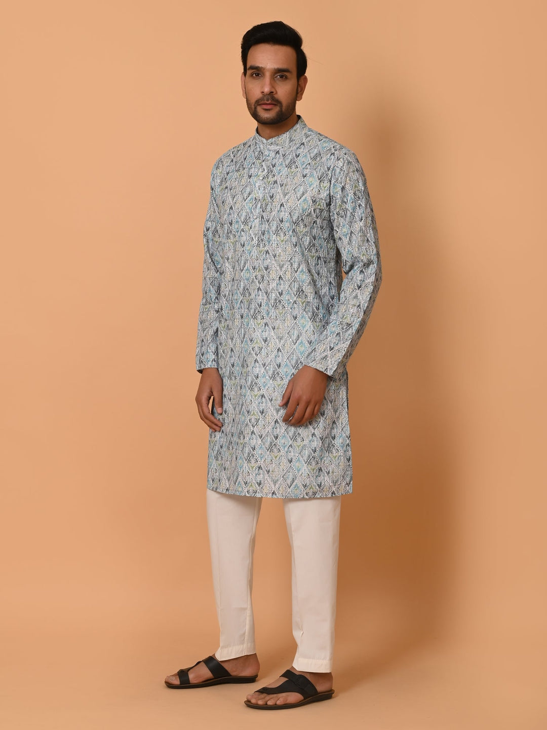 Sequence Printed Cotton Blend Kurta Set | Festive Full Sleeve Design