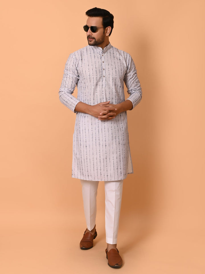 Chikan Grey Kurta Set | Festive Cotton Blend Full Sleeves Kurta