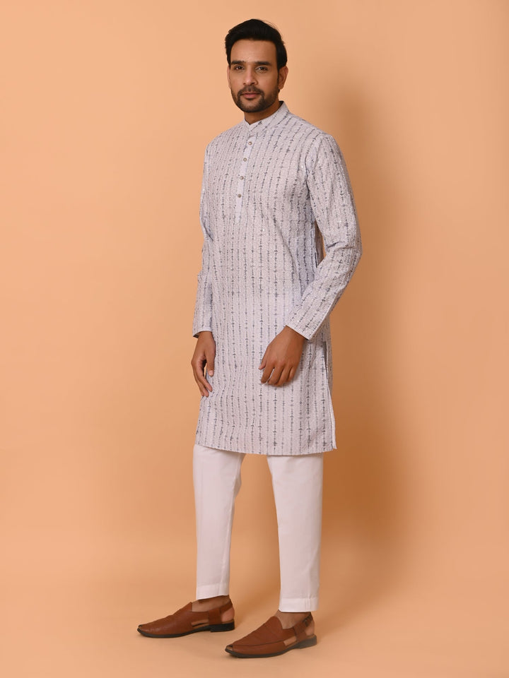 Chikan Grey Kurta Set | Festive Cotton Blend Full Sleeves Kurta