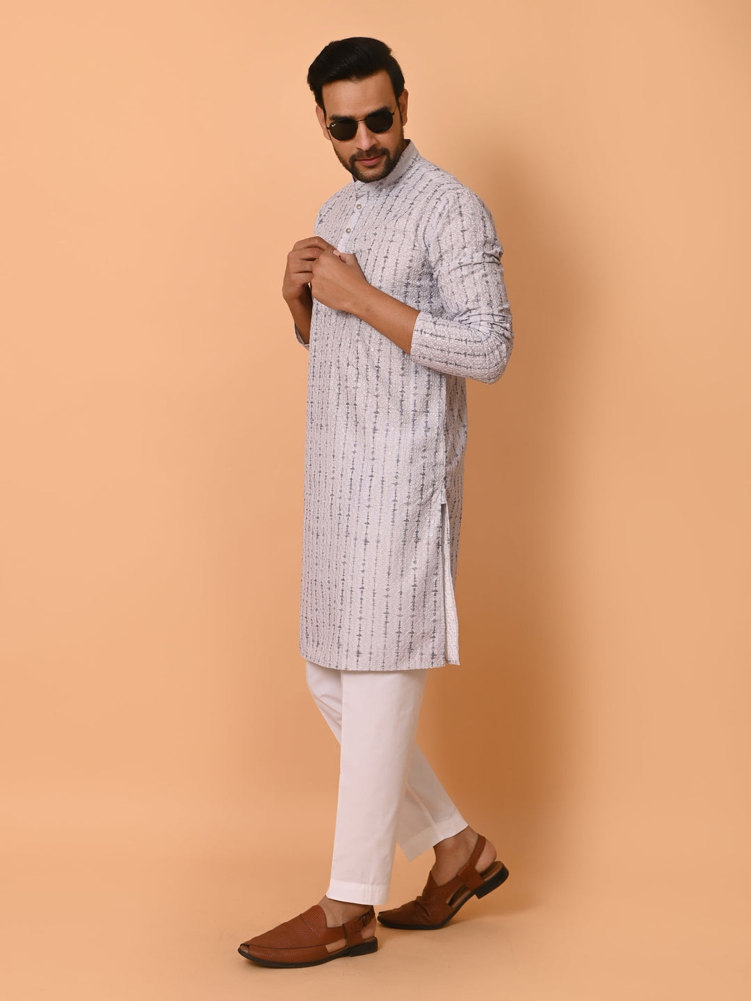 Chikan Grey Kurta Set | Festive Cotton Blend Full Sleeves Kurta