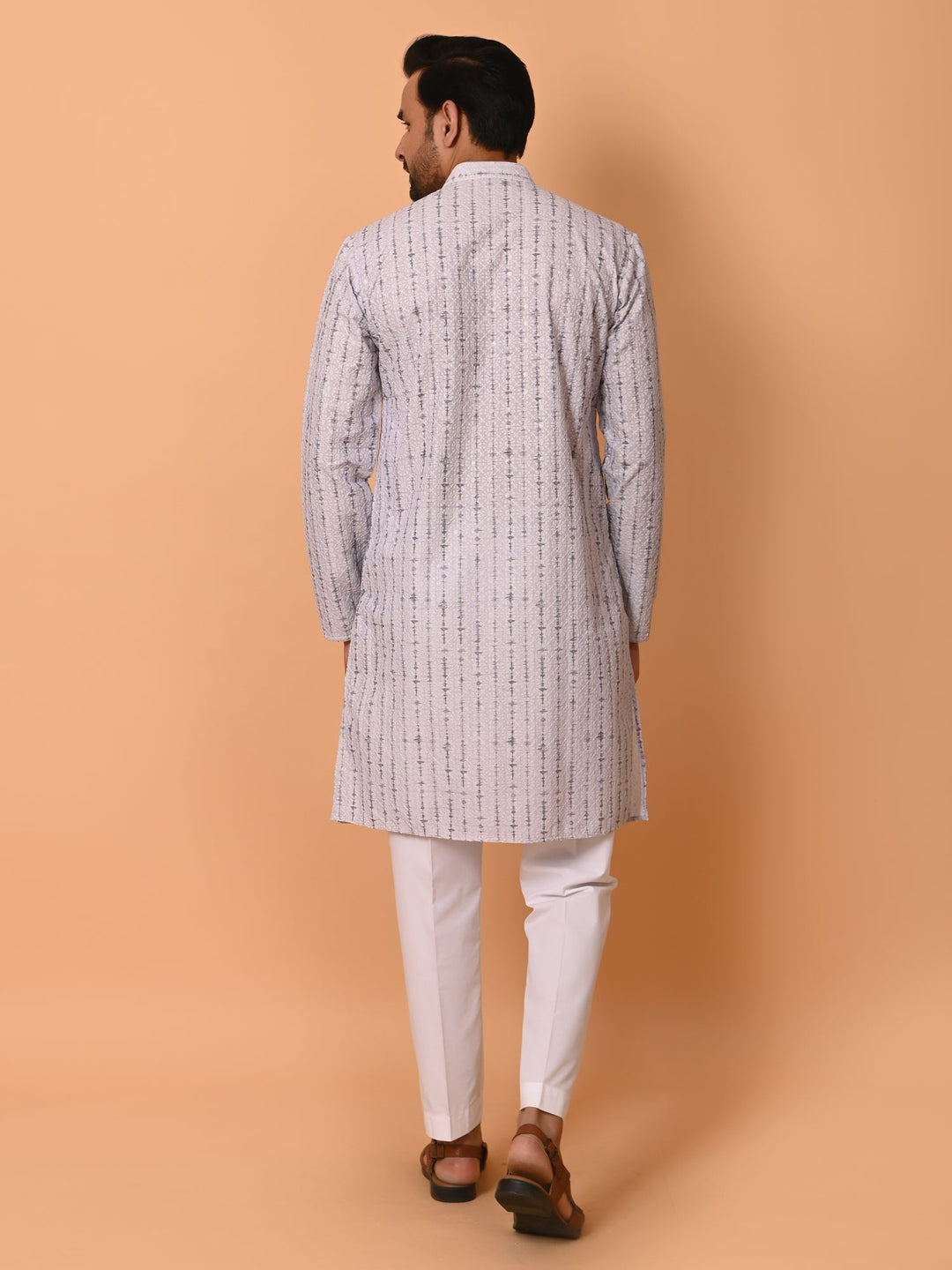 Chikan Grey Kurta Set | Festive Cotton Blend Full Sleeves Kurta