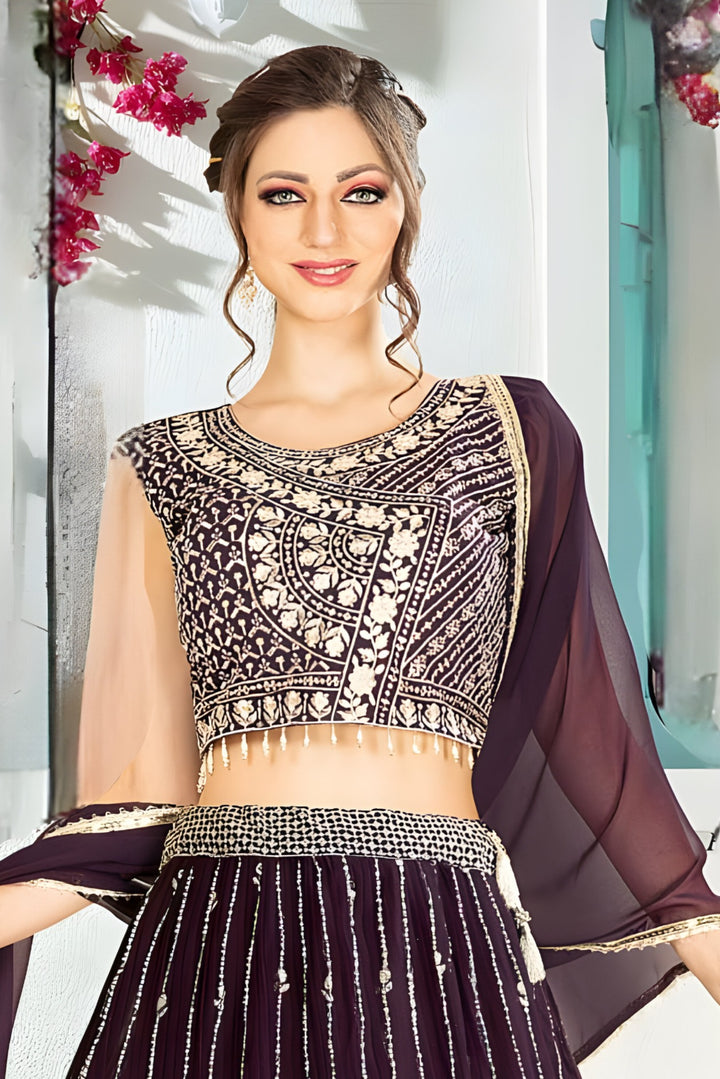 Chic lavender georgette crop top and skirt ensemble, designed for a fashionable look at casual gatherings and outings.