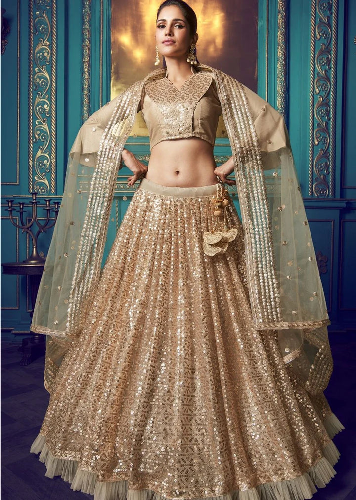 Dusky Beige Lehenga with Sequin Work | Elegant Soft Net Lehenga for Women