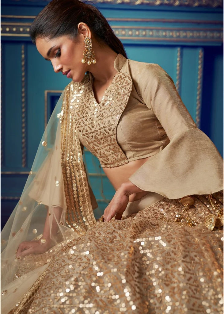 Dusky Beige Lehenga with Sequin Work | Elegant Soft Net Lehenga for Women