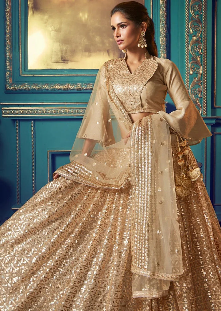 Dusky Beige Lehenga with Sequin Work | Elegant Soft Net Lehenga for Women