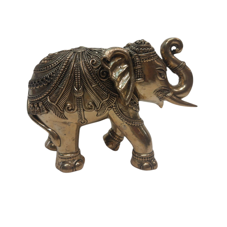 Elegant brass elephant decor with an up trunk design, a perfect accent for any space.