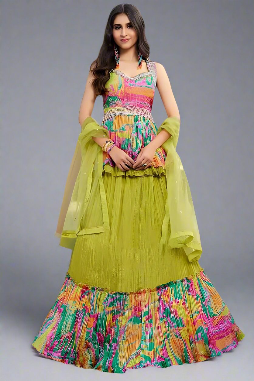 Multicolor peplum with skirt lehenga set featuring a chic gotta work design, perfect for festive and formal occasions.