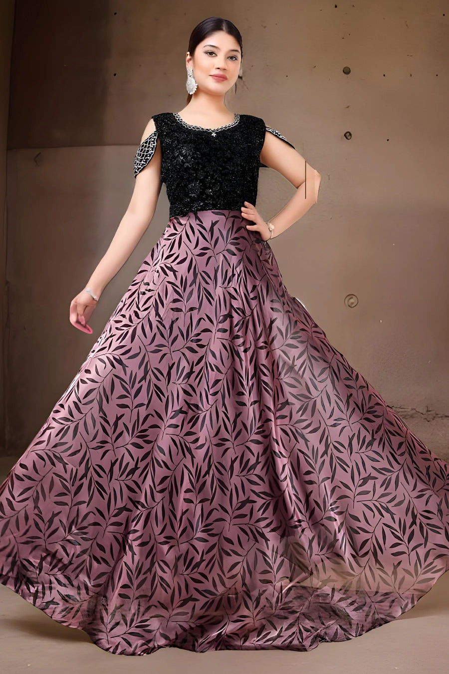 Luxurious maroon Chinon gown dress, offering exquisite evening elegance, perfect for formal events and special occasions.