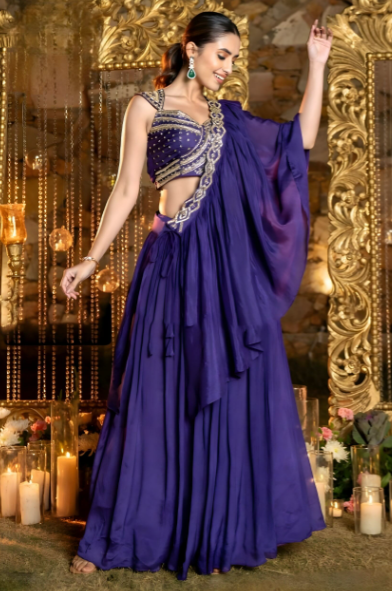 Elegant dark purple crop top lehenga, perfect for parties, featuring a stylish design for contemporary women.