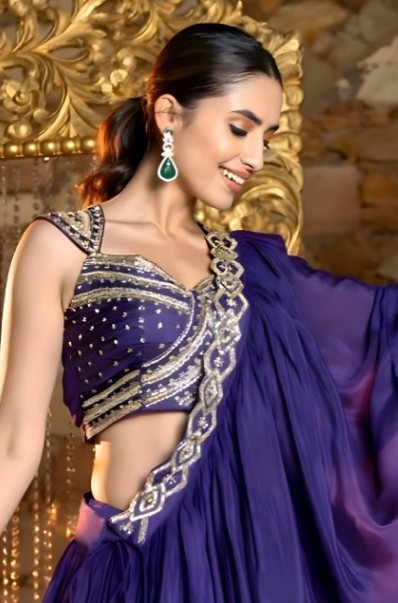 Chic dark purple crop top lehenga, ideal for stylish party wear, blending modern aesthetics with traditional charm.