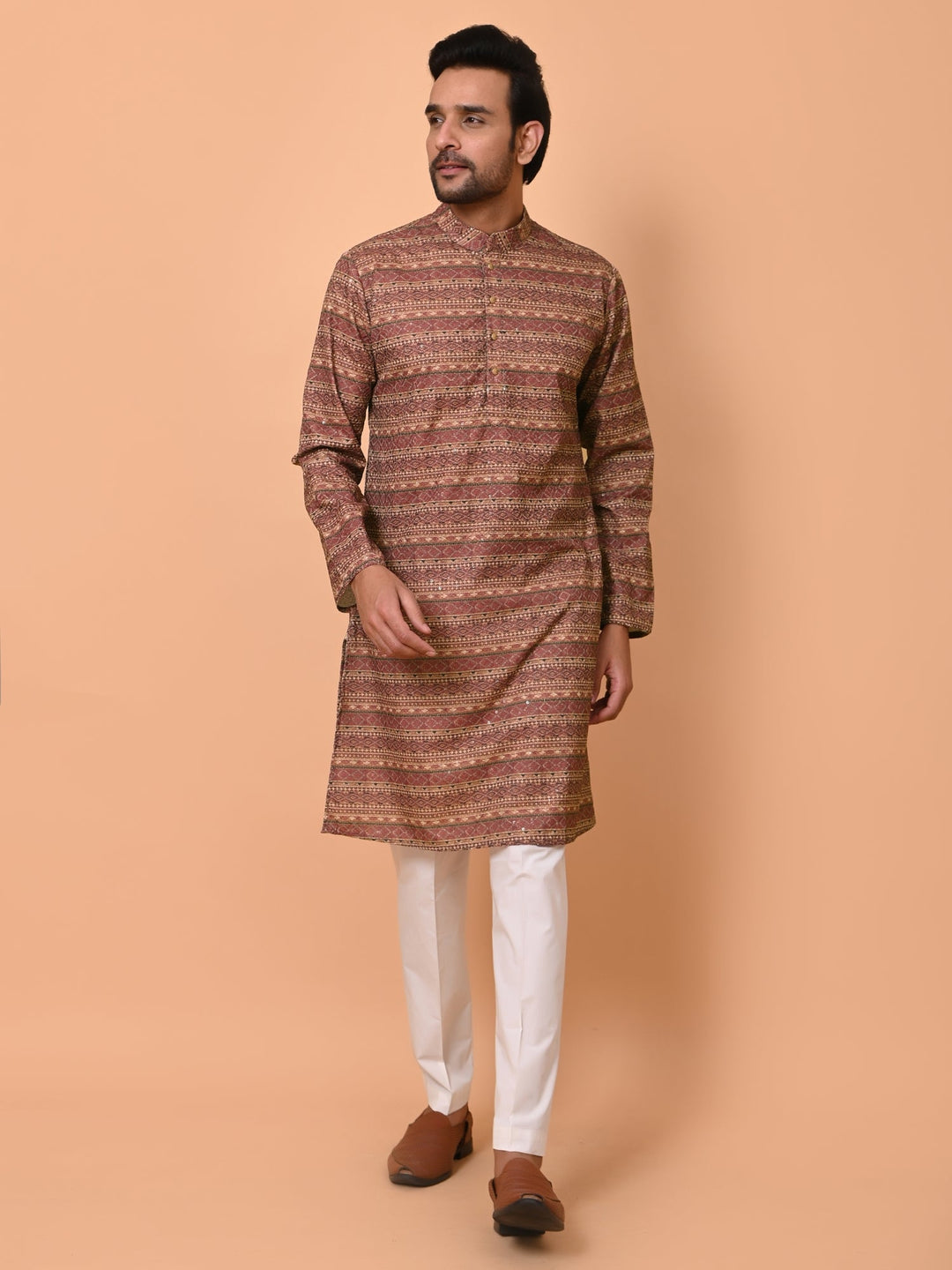 Sequence Wine Kurta Set | Stand Collar Full Sleeves for Festive Occasions