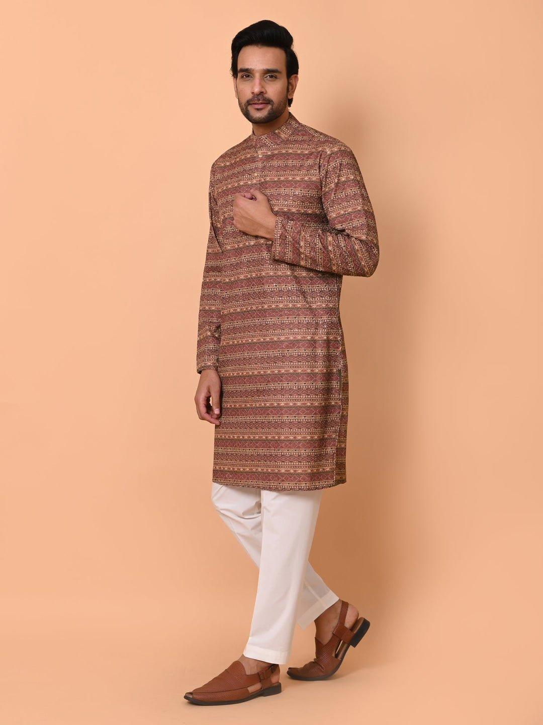 Sequence Wine Kurta Set | Stand Collar Full Sleeves for Festive Occasions