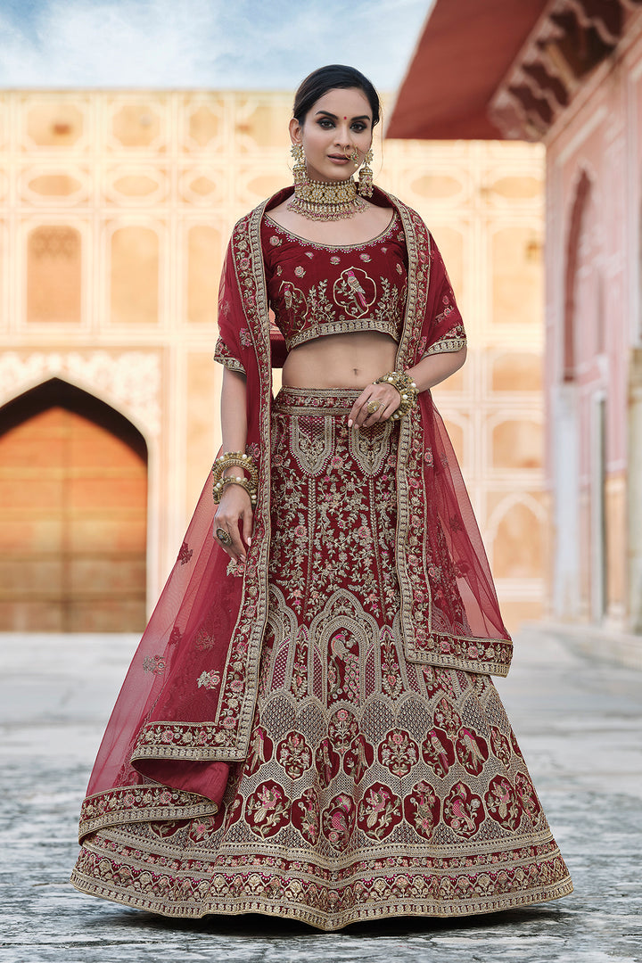 Embroidered Flared Lehenga Choli Set | Velvet Semi-Stitched Bridal Wear