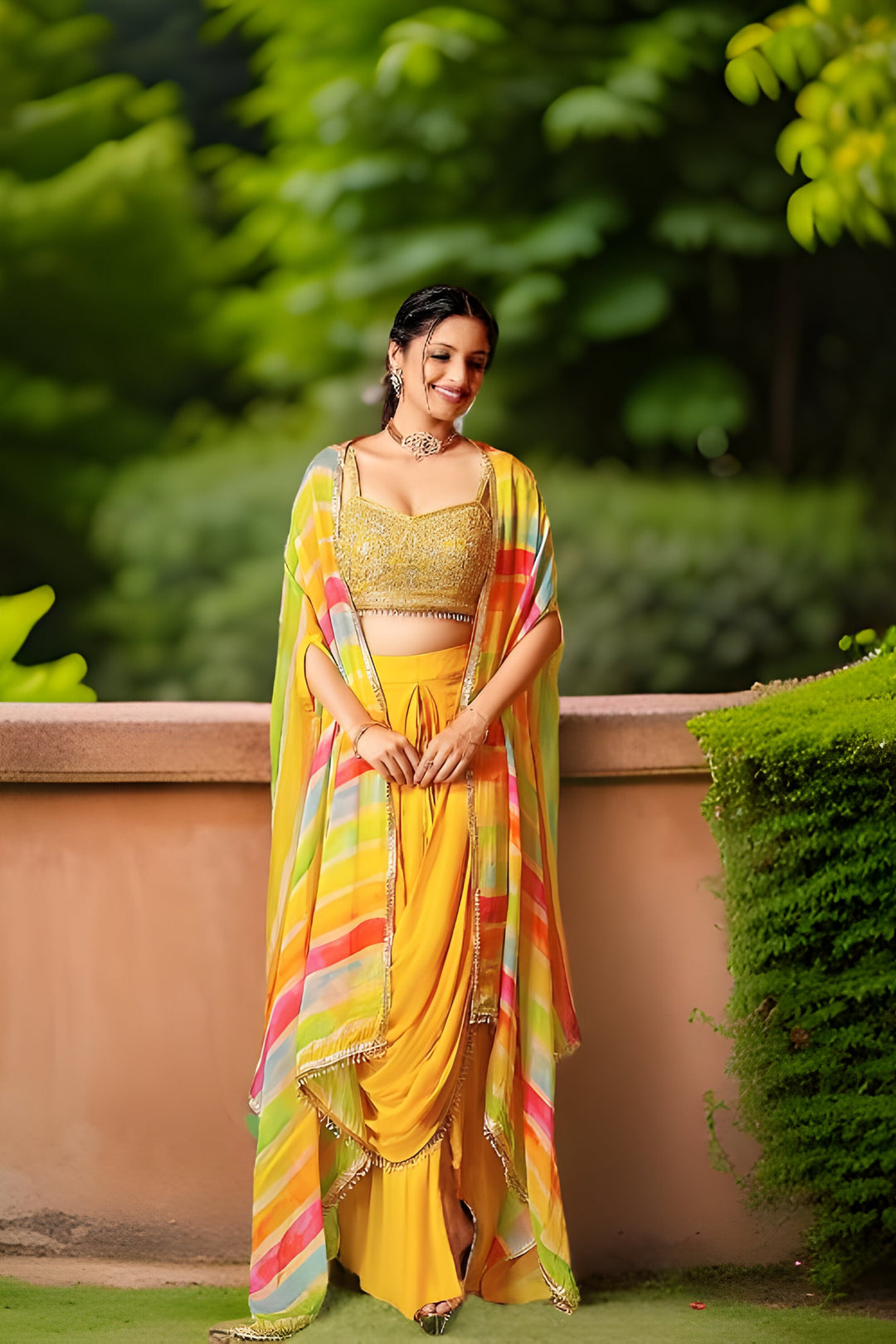 Trendy yellow georgette floral crop top with skirt set, designed for a fresh and stylish look on any occasion.