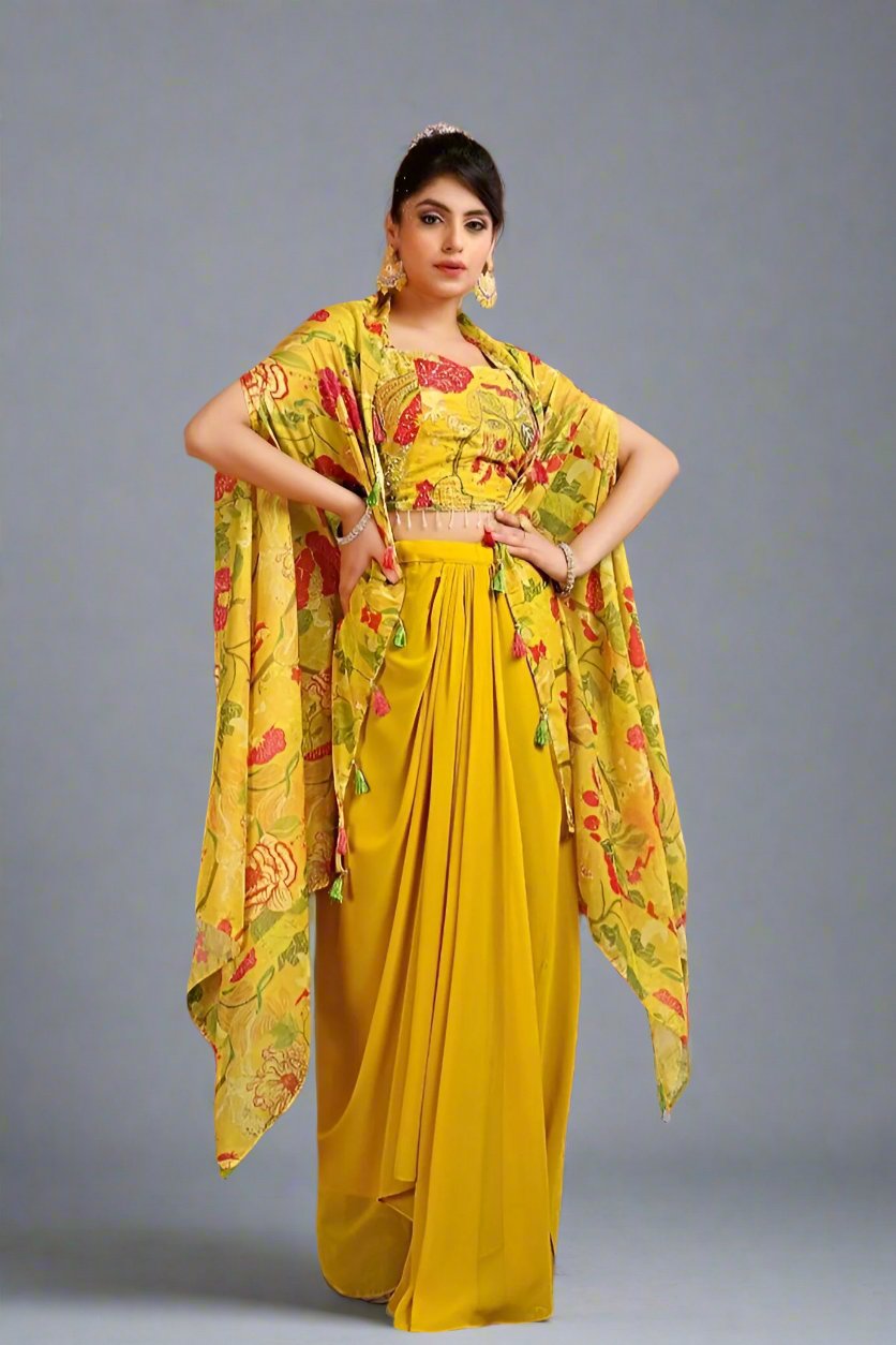 Charming yellow floral crop top and lehenga set, perfect for a trendy and vibrant look at festive occasions.