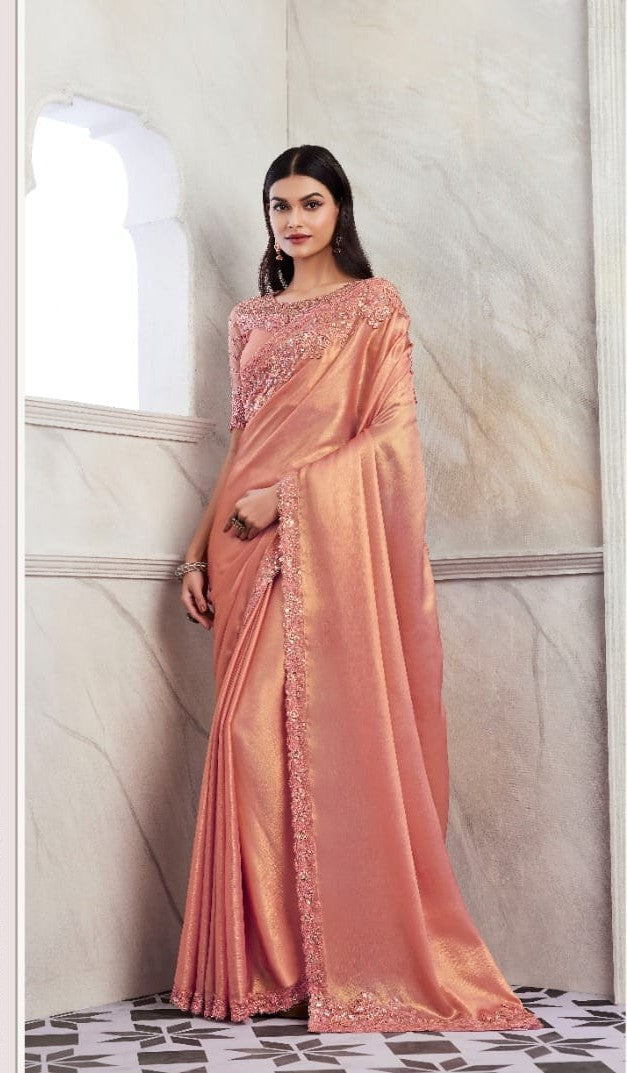 Golden Shimmer Peach Silk Saree | Designer Indian Sadi for Special Occasions